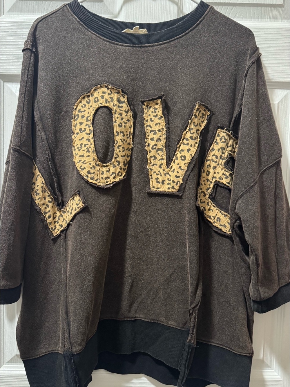 easel Brown Pullover Sweatshirt with Leopard LOVE Appliqué